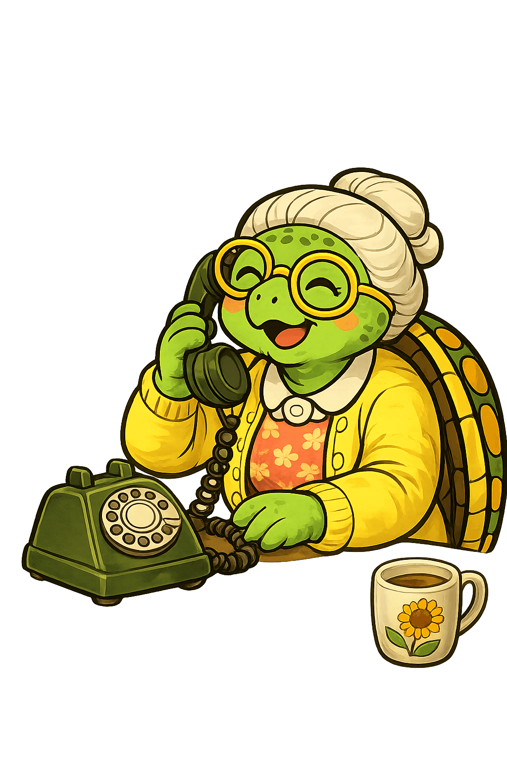 Illustration of an older turtle smiling while talking on a rotary phone, mug of coffee nearby.
