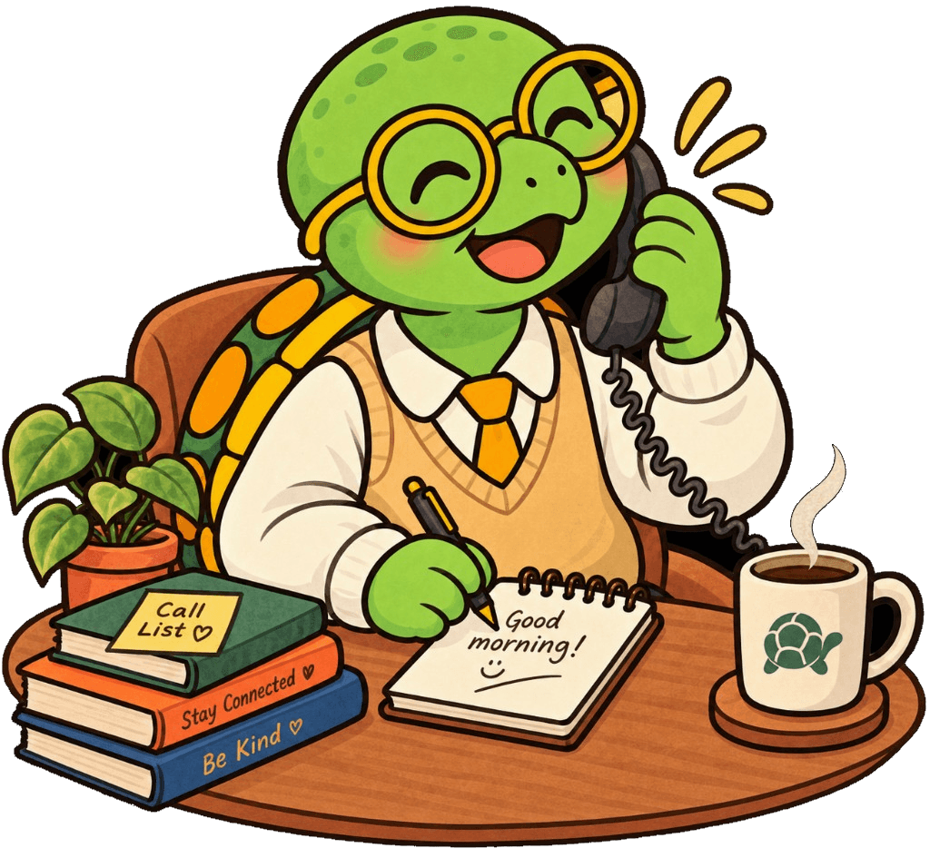 Herbie the turtle at his desk on a morning call, writing 'Good morning!' in his notebook next to a cup of coffee