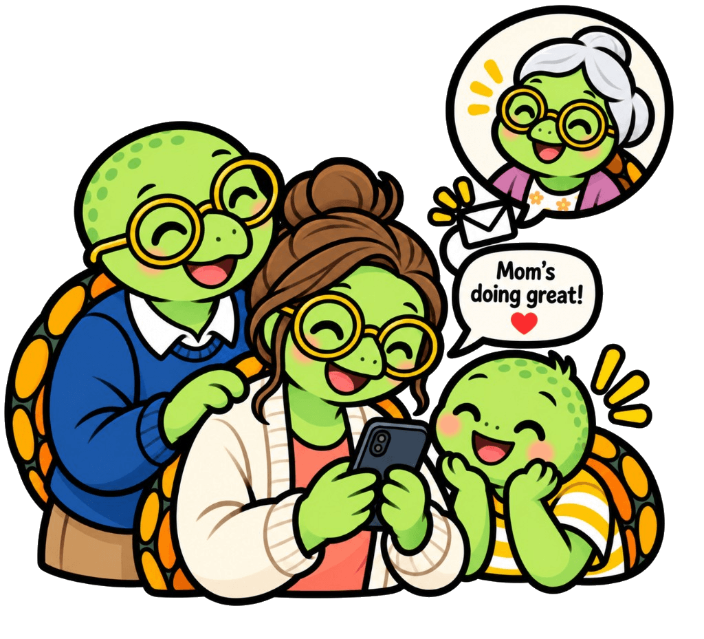 A turtle family smiling at a phone showing a note from Herbie that says "Mom's doing great!", with grandma happily chatting in a thought bubble above