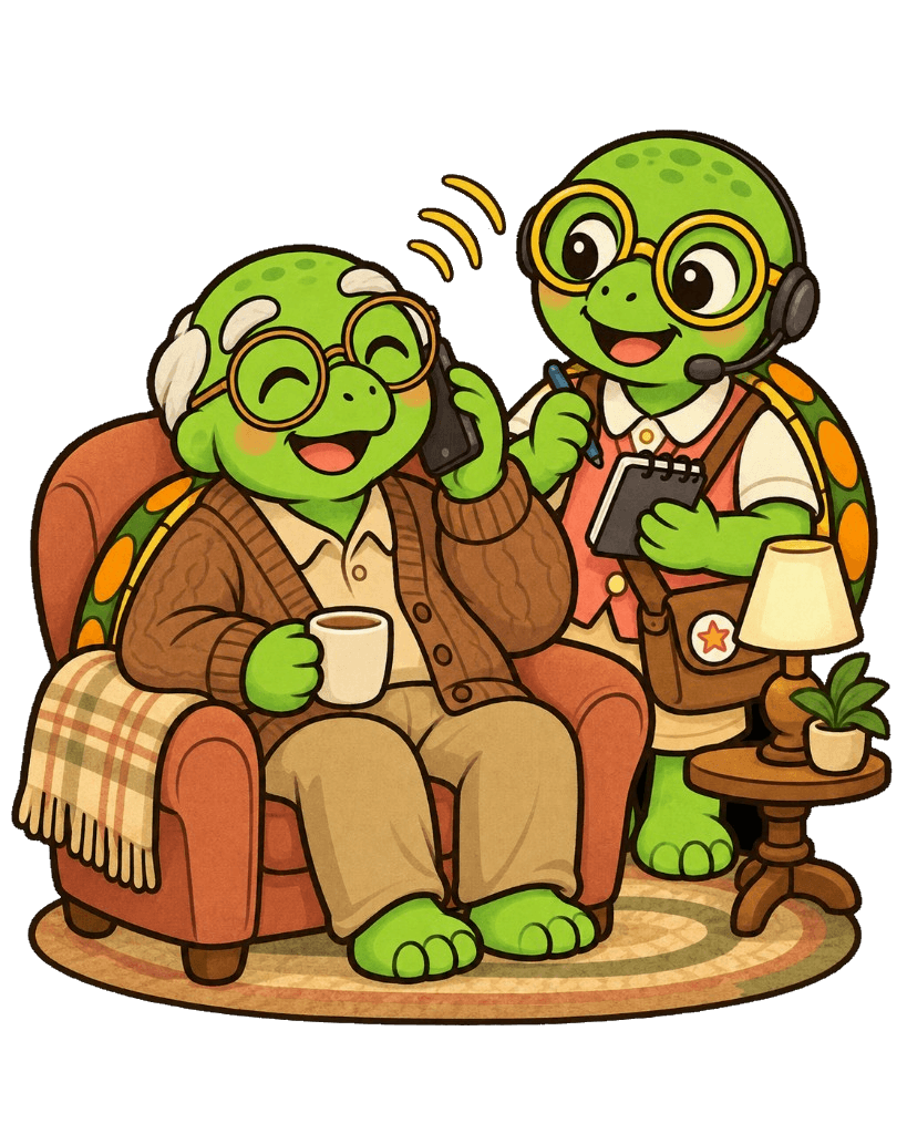 Herbie the turtle taking notes on a headset while a senior turtle chats happily on the phone from an armchair
