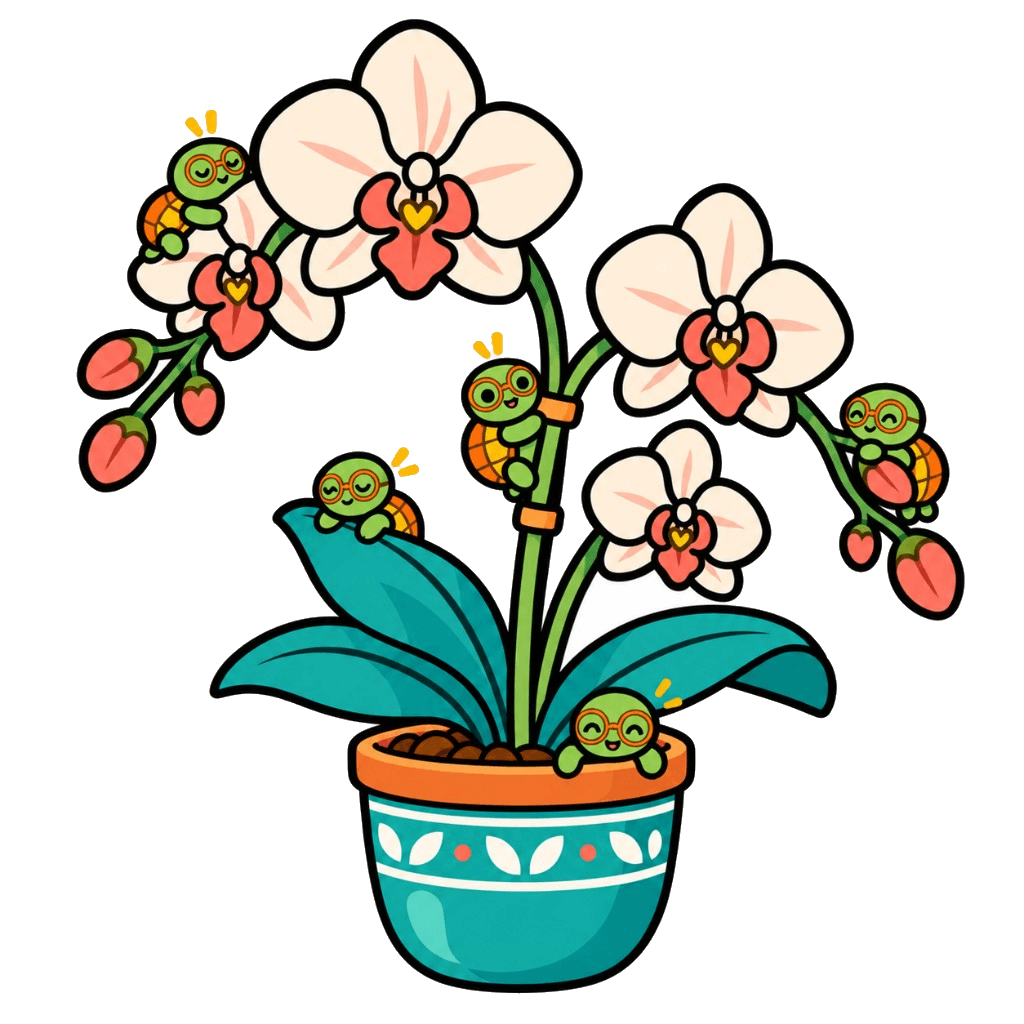 A potted white orchid with tiny Herbie turtles climbing the stems and leaves